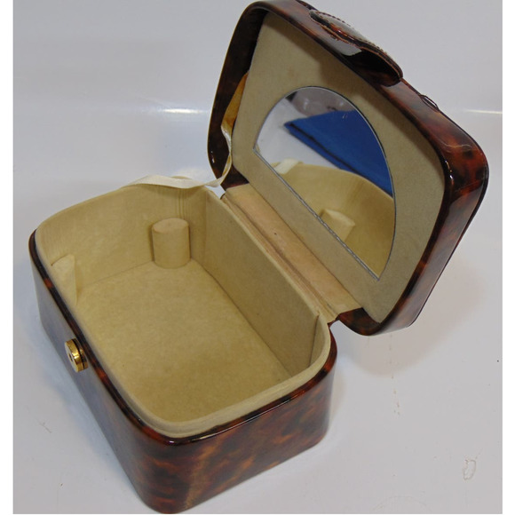 Vintage Travel Jewelry Box Chest Brown Faux Leather Handle Snap Closure Mirror - Picture 6 of 12